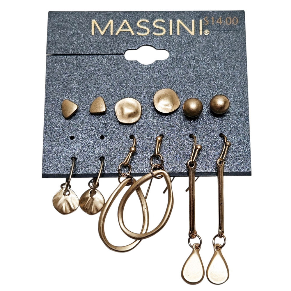 NWT Massini 6-Pairs Matte Brass Tone Stud and Dangle Earrings Set